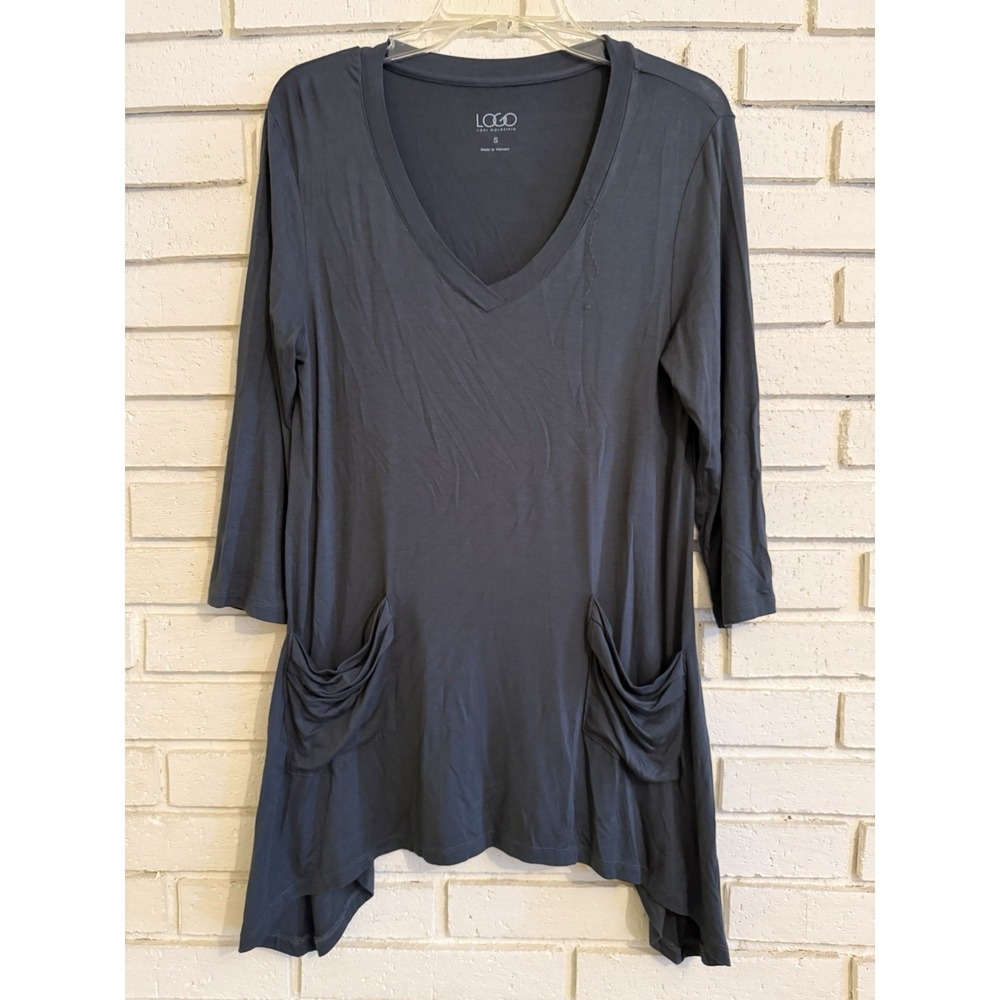 LOGO Sz Small Women's Tunic Top Lagenlook Gray Pockets Asymmetrical Hem